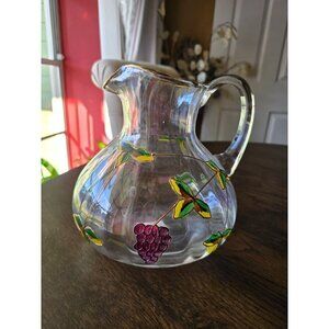 Hand-Painted Glass Pitcher With Grapes & Leaves Design from Romania